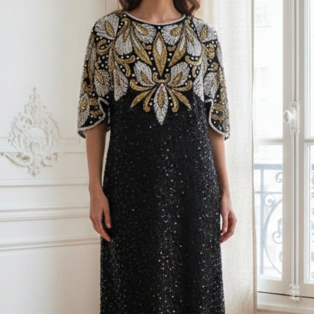 Laurence Kazar Silk Beaded Cocktail Dress - Black, Gold & Silver Size XL